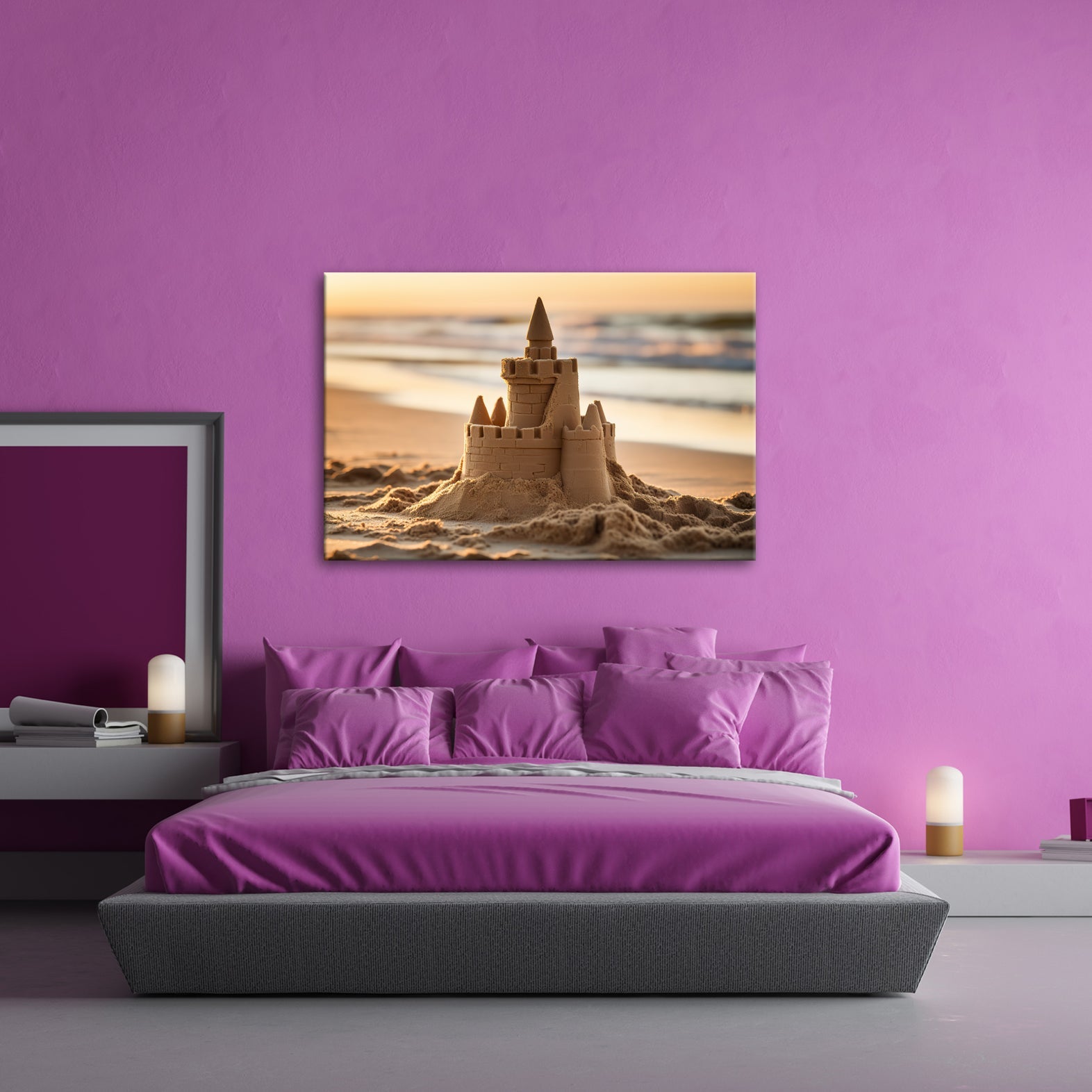 Leinwandbild Märchenschloss aus Sand glänzt im Licht der sinkenden Sonne. - deyoli