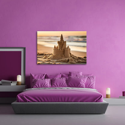 Leinwandbild Märchenschloss aus Sand glänzt im Licht der sinkenden Sonne. - deyoli