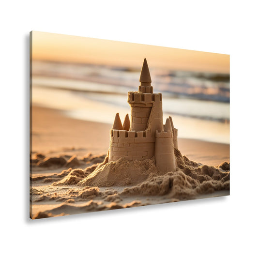 Leinwandbild Märchenschloss aus Sand glänzt im Licht der sinkenden Sonne. - deyoli