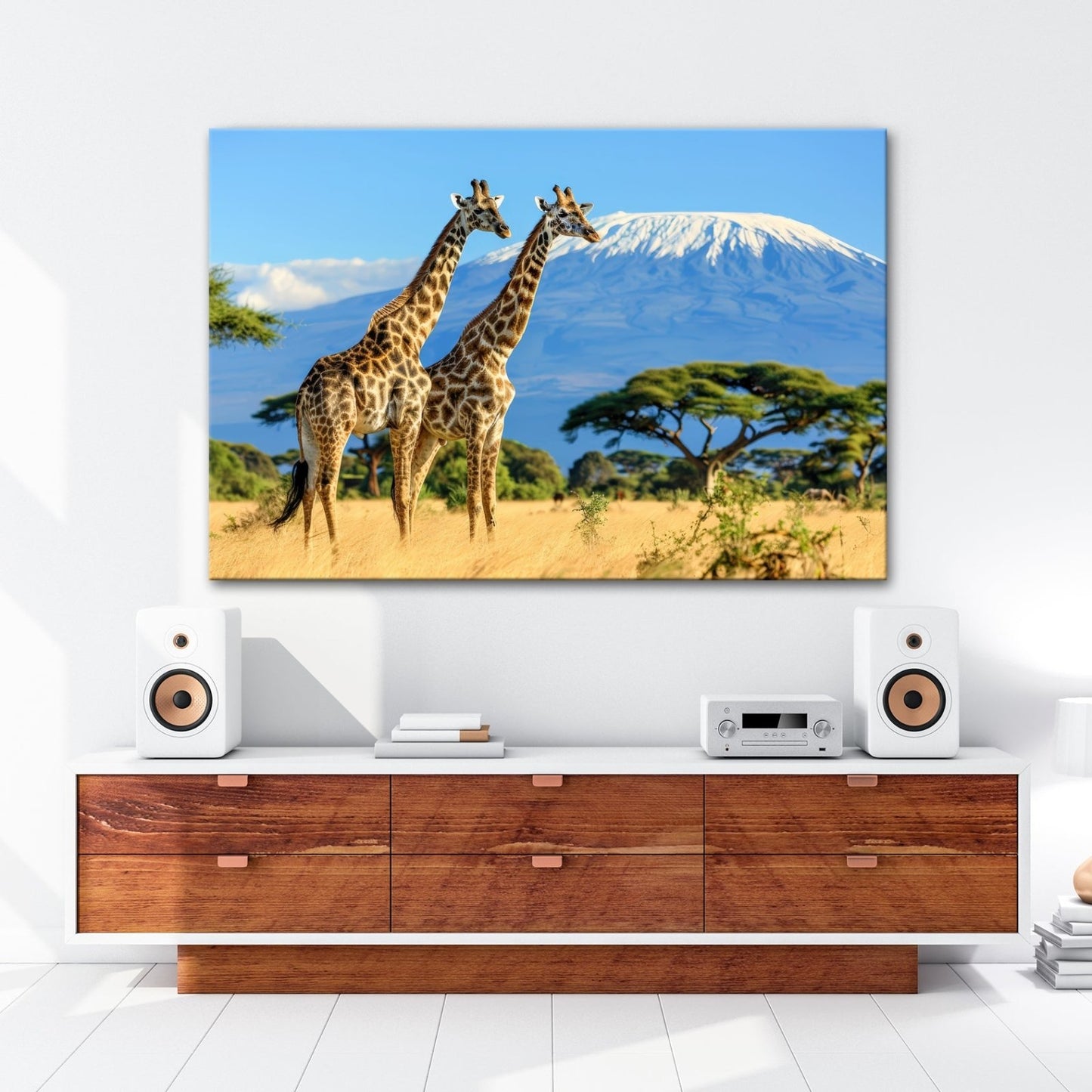Leinwandbild Majestätische Giraffen vor dem Kilimandscharo - deyoli