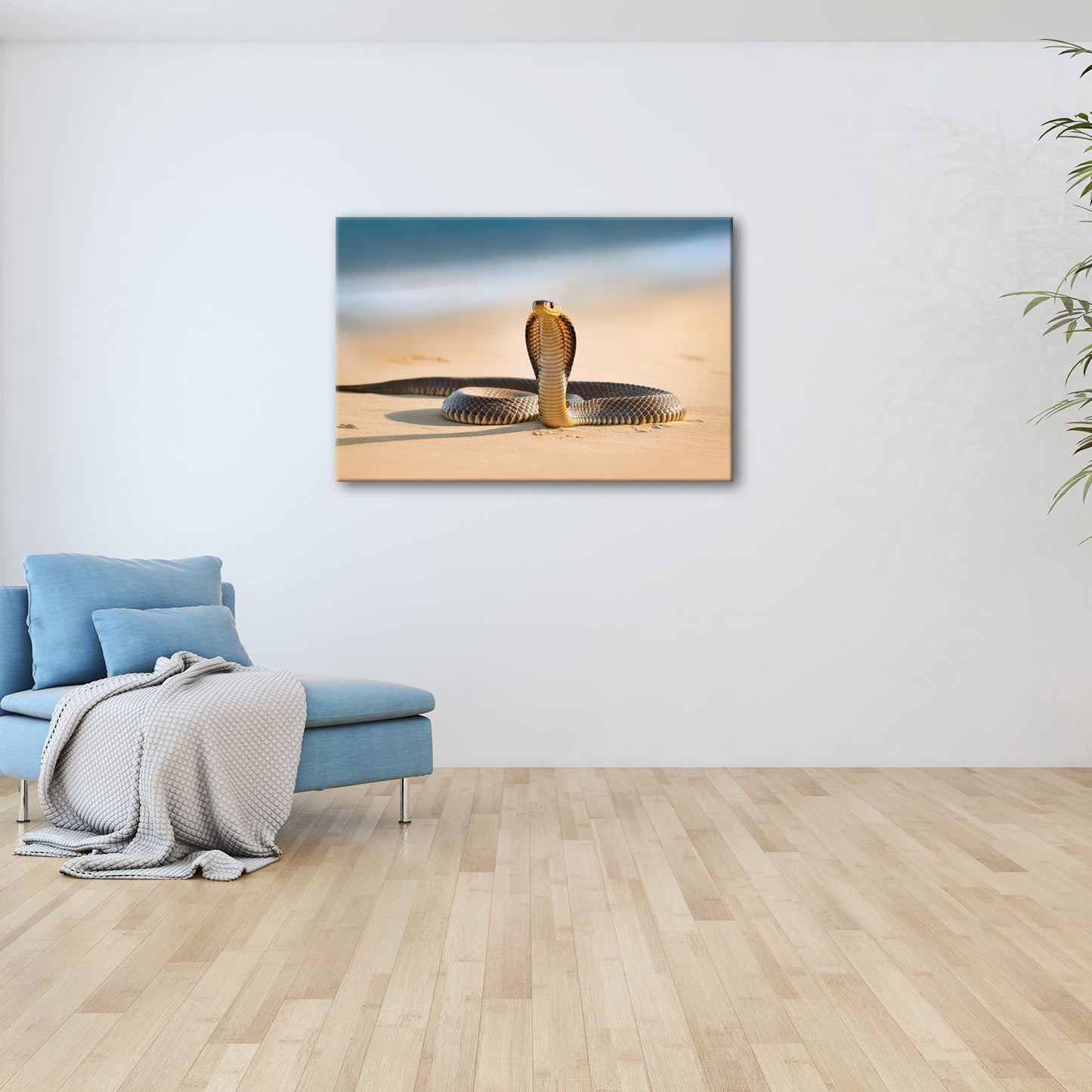Leinwandbild Majestätische Kobra erhebt sich wachsam im goldenen Sand - deyoli