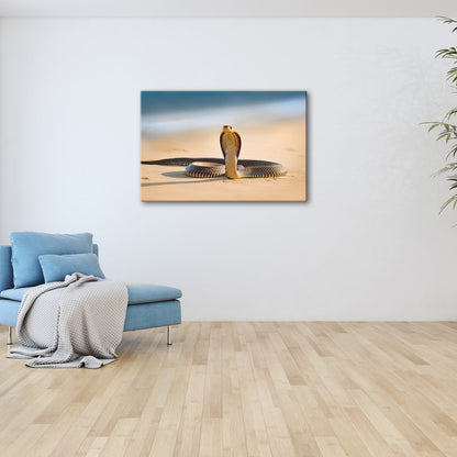 Leinwandbild Majestätische Kobra erhebt sich wachsam im goldenen Sand - deyoli
