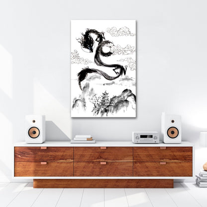 Leinwandbild Majestätischer Drache schwebt über nebeliger fernöstlicher Landschaft - deyoli