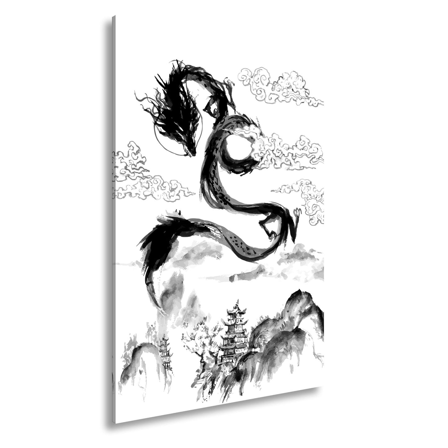 Leinwandbild Majestätischer Drache schwebt über nebeliger fernöstlicher Landschaft - deyoli