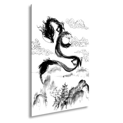 Leinwandbild Majestätischer Drache schwebt über nebeliger fernöstlicher Landschaft - deyoli