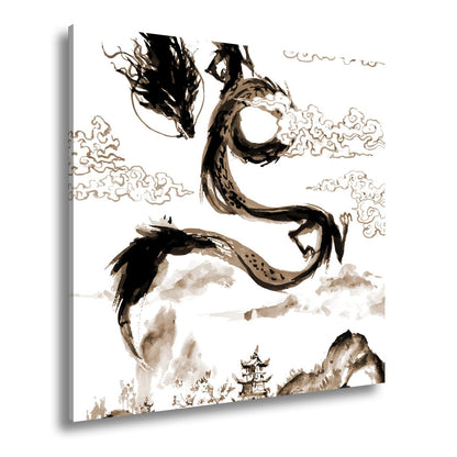 Leinwandbild Majestätischer Drache schwebt über nebeliger fernöstlicher Landschaft - deyoli