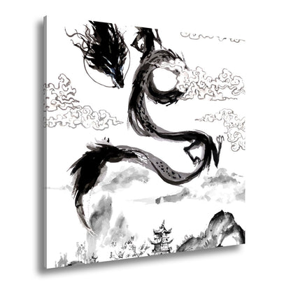 Leinwandbild Majestätischer Drache schwebt über nebeliger fernöstlicher Landschaft - deyoli