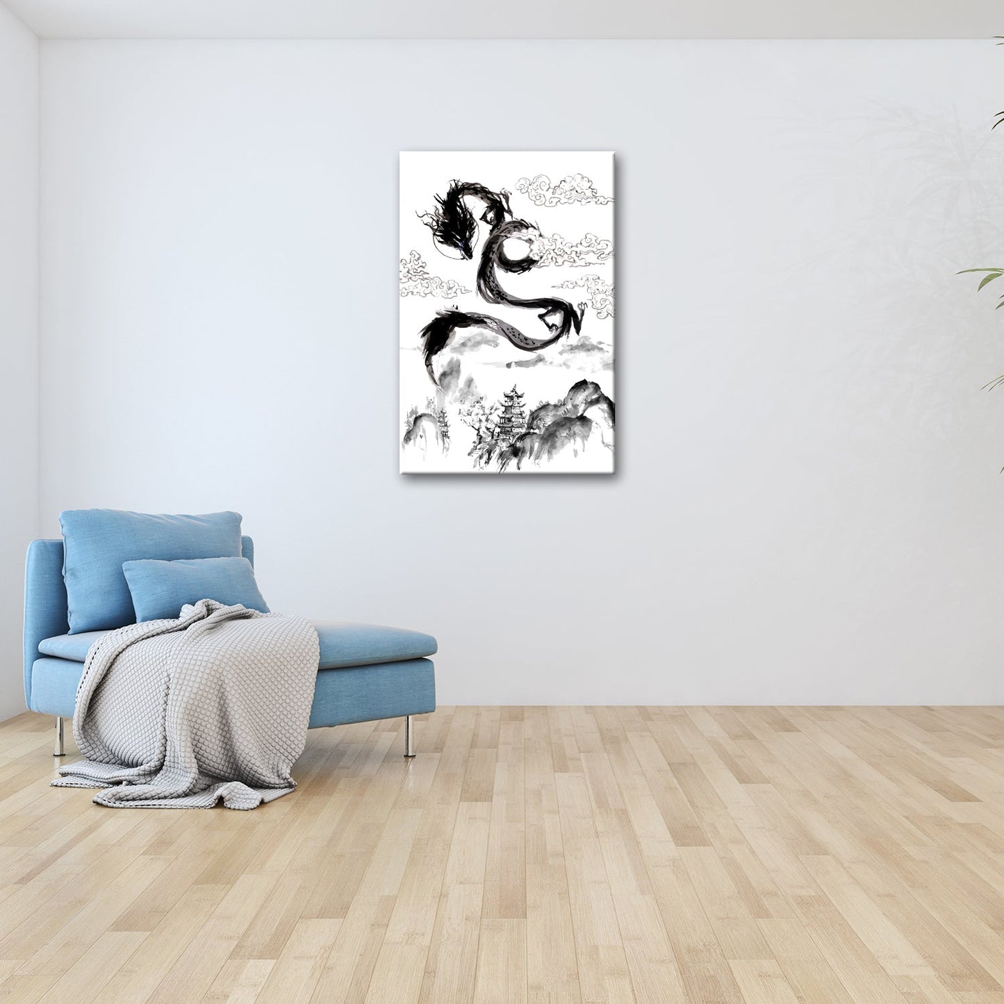Leinwandbild Majestätischer Drache schwebt über nebeliger fernöstlicher Landschaft - deyoli