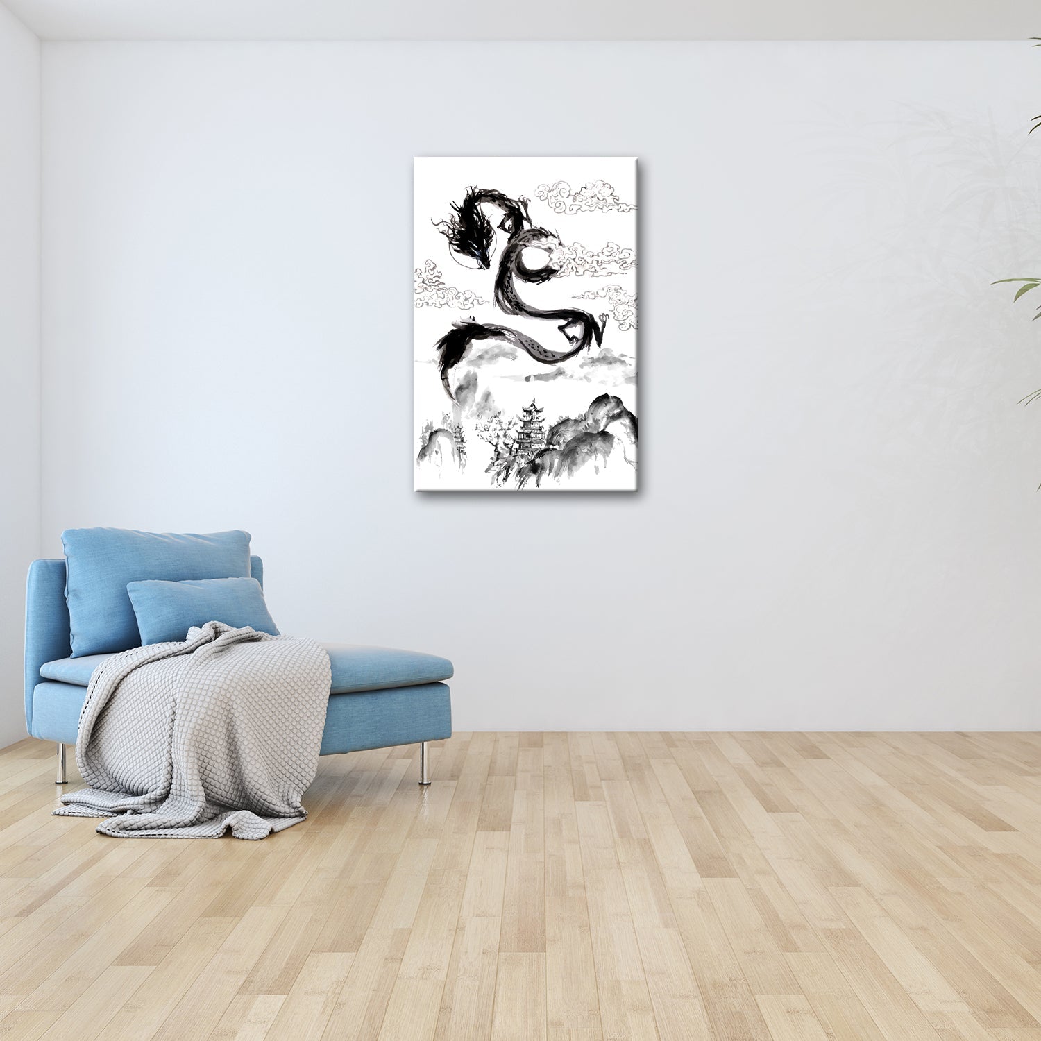 Leinwandbild Majestätischer Drache schwebt über nebeliger fernöstlicher Landschaft - deyoli