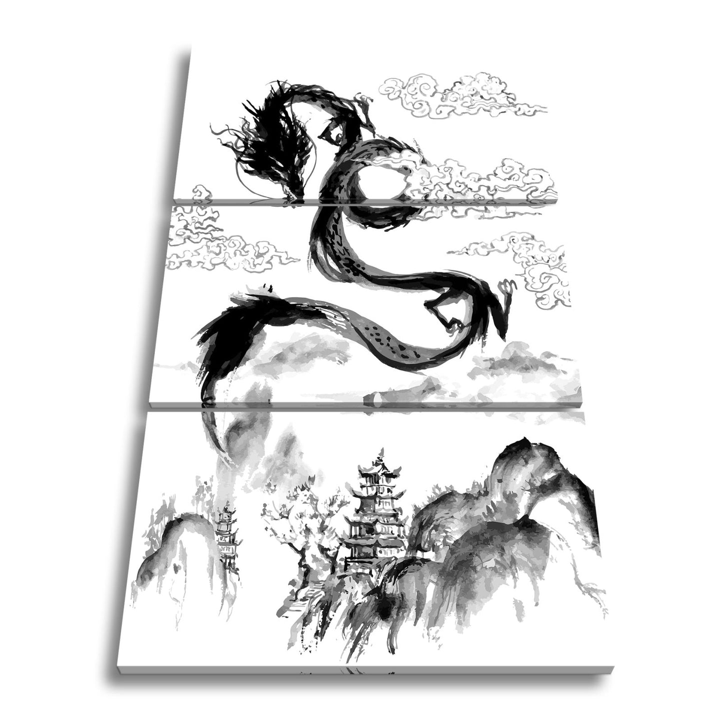 Leinwandbild Majestätischer Drache schwebt über nebeliger fernöstlicher Landschaft - deyoli