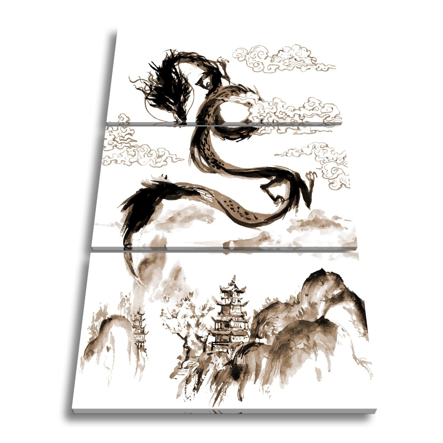Leinwandbild Majestätischer Drache schwebt über nebeliger fernöstlicher Landschaft - deyoli