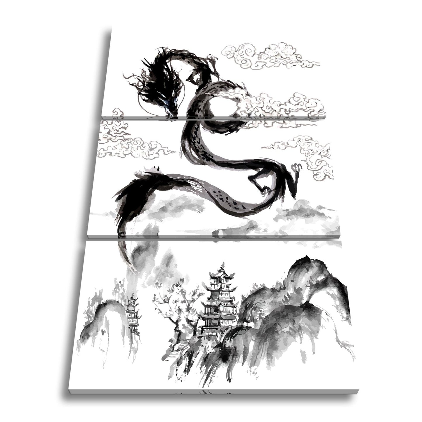 Leinwandbild Majestätischer Drache schwebt über nebeliger fernöstlicher Landschaft - deyoli