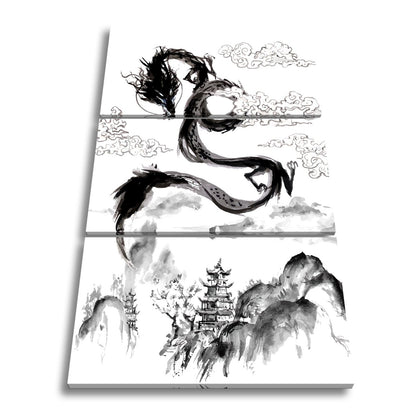 Leinwandbild Majestätischer Drache schwebt über nebeliger fernöstlicher Landschaft - deyoli