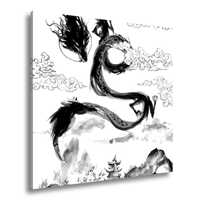 Leinwandbild Majestätischer Drache schwebt über nebeliger fernöstlicher Landschaft - deyoli