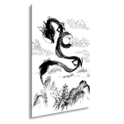 Leinwandbild Majestätischer Drache schwebt über nebeliger fernöstlicher Landschaft - deyoli