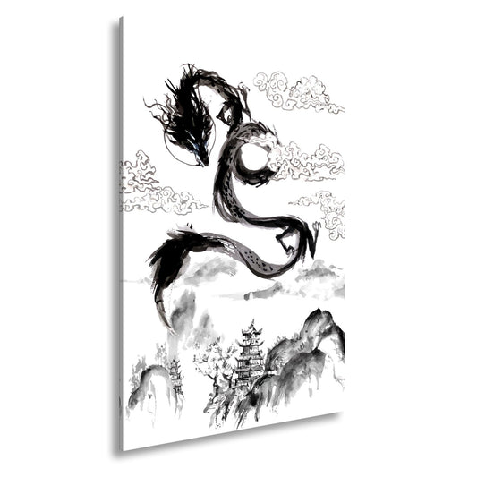 Leinwandbild Majestätischer Drache schwebt über nebeliger fernöstlicher Landschaft - deyoli