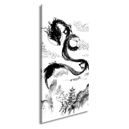 Leinwandbild Majestätischer Drache schwebt über nebeliger fernöstlicher Landschaft - deyoli