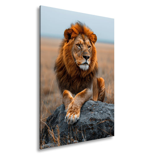 Leinwandbild Majestätischer Löwe ruht wachsam auf felsigem Thron. - deyoli