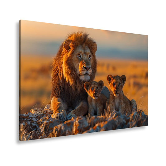 Leinwandbild Majestätischer Löwe wacht über seine kleine Dynastie - deyoli