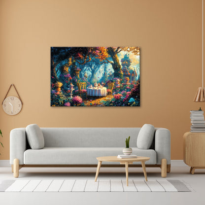 Leinwandbild Märchenhafte Waldteestunde in einem blühenden Zaubergarten - deyoli