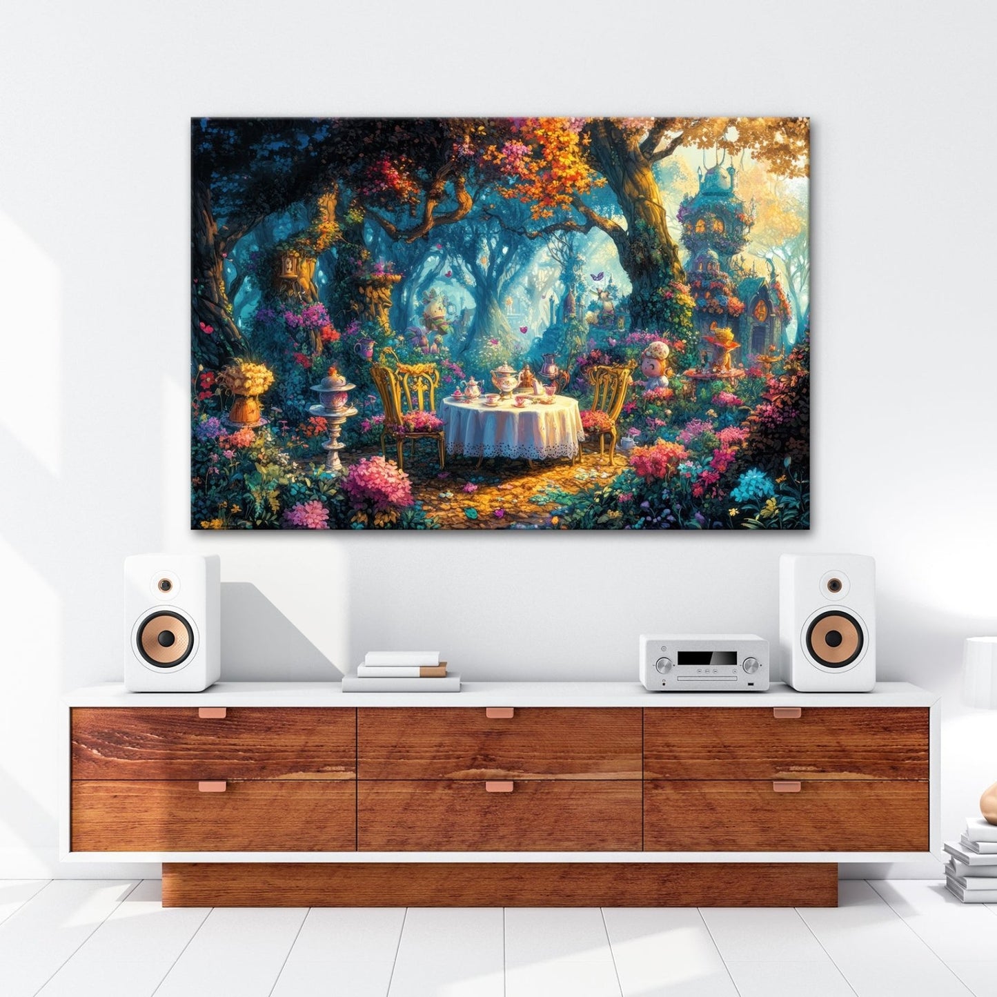 Leinwandbild Märchenhafte Waldteestunde in einem blühenden Zaubergarten - deyoli
