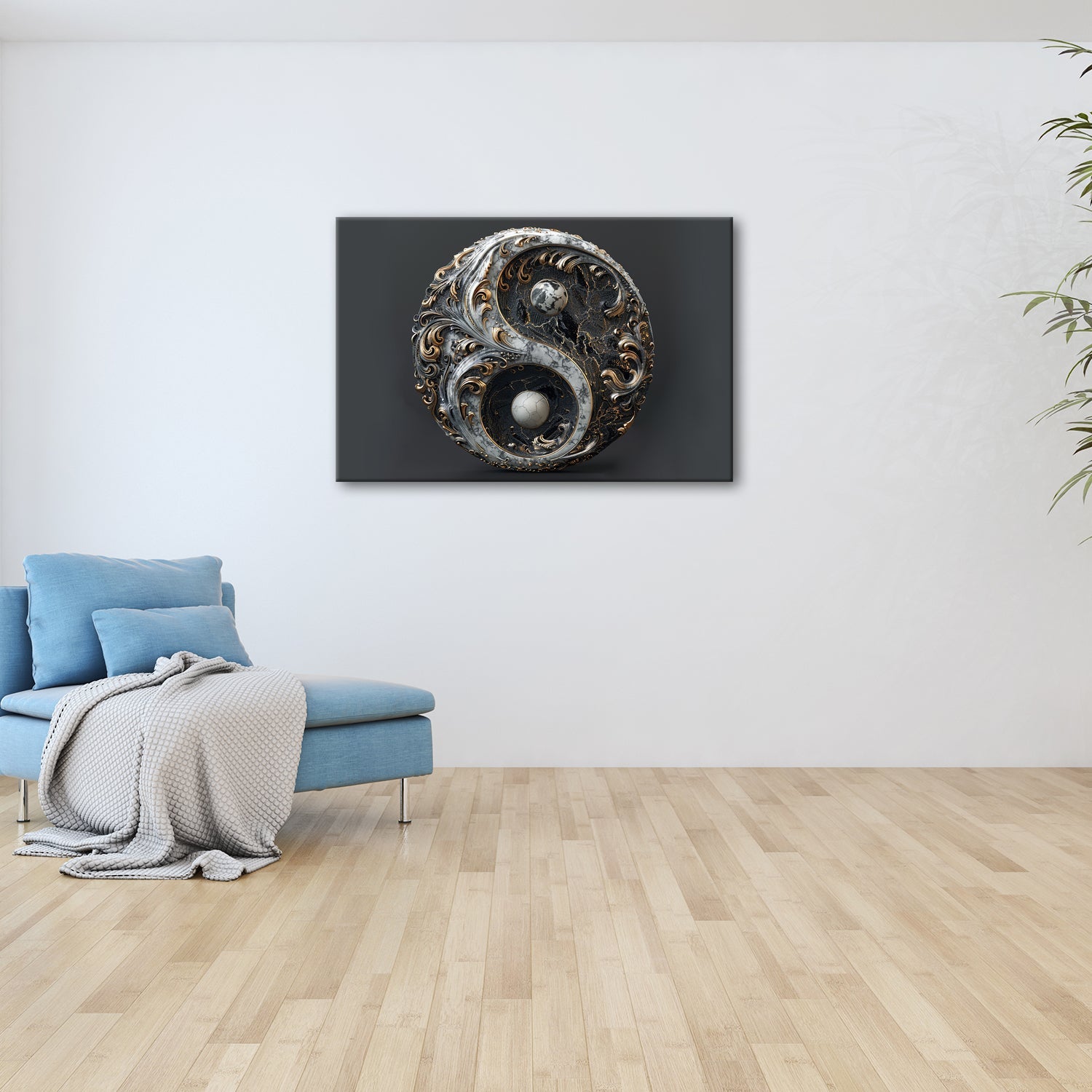 Leinwandbild Marmoriertes Yin - Yang pulsiert in dunkel - goldener Kraft - deyoli