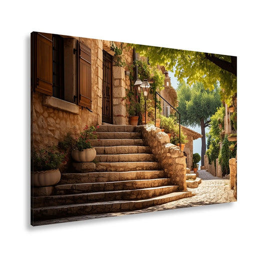 Leinwandbild Mediterran XXL – Sonnendurchflutete Steintreppe im malerischen Dorf - deyoli