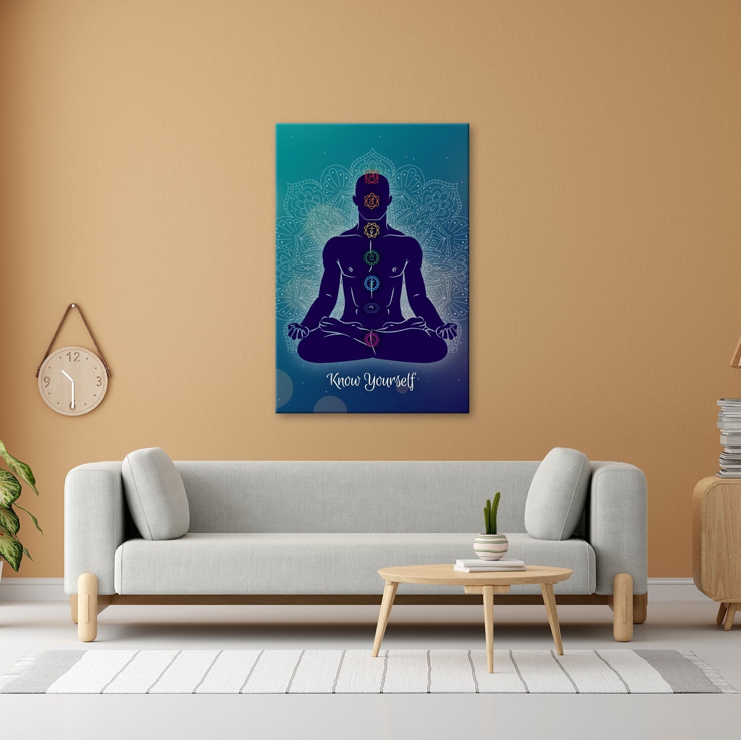 Leinwandbild Meditierende Silhouette leuchtet in den Farben der Chakren - deyoli