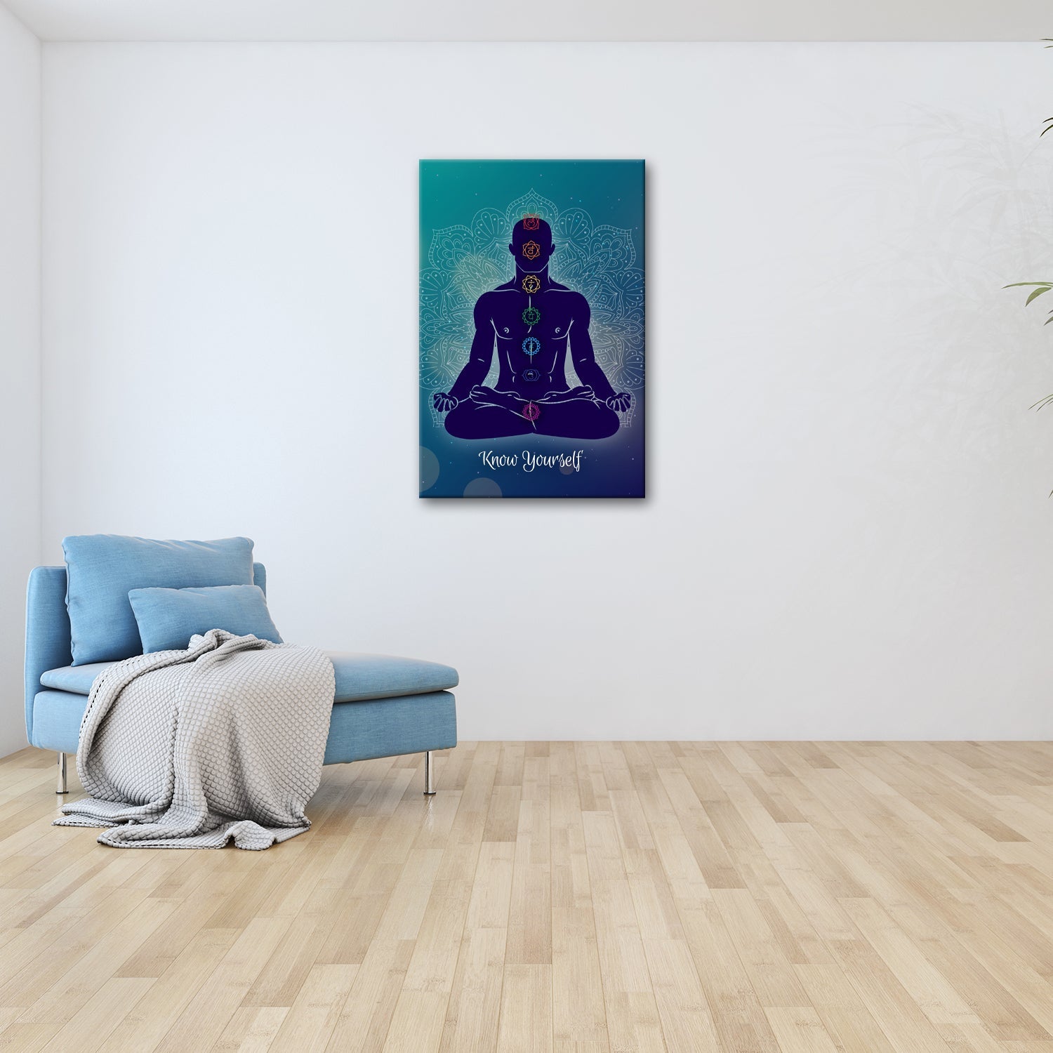 Leinwandbild Meditierende Silhouette leuchtet in den Farben der Chakren - deyoli