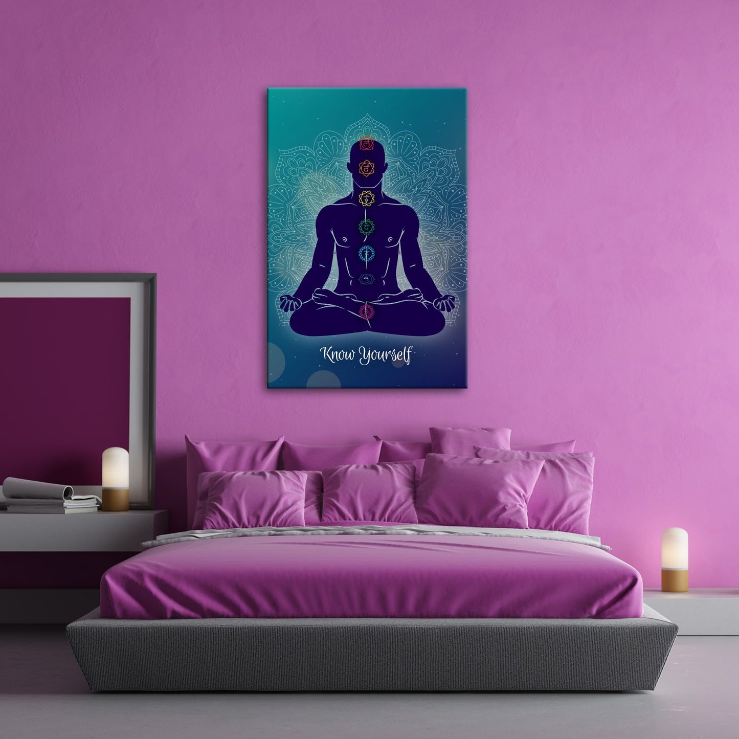 Leinwandbild Meditierende Silhouette leuchtet in den Farben der Chakren - deyoli