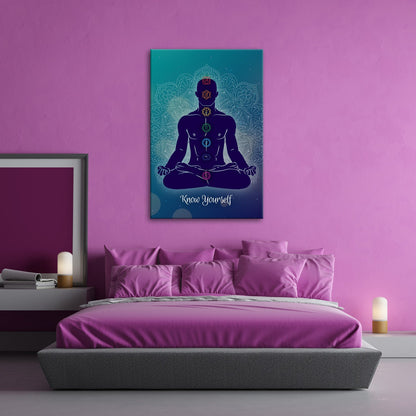 Leinwandbild Meditierende Silhouette leuchtet in den Farben der Chakren - deyoli