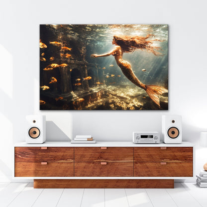 Leinwandbild Meerjungfrau im magischen Unterwasserlicht XXL – Fantasy Wandbild - deyoli
