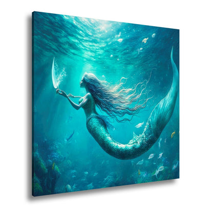 Leinwandbild Meerjungfrau im schimmernden blauen Licht XXL – Fantasy Wandbild - deyoli
