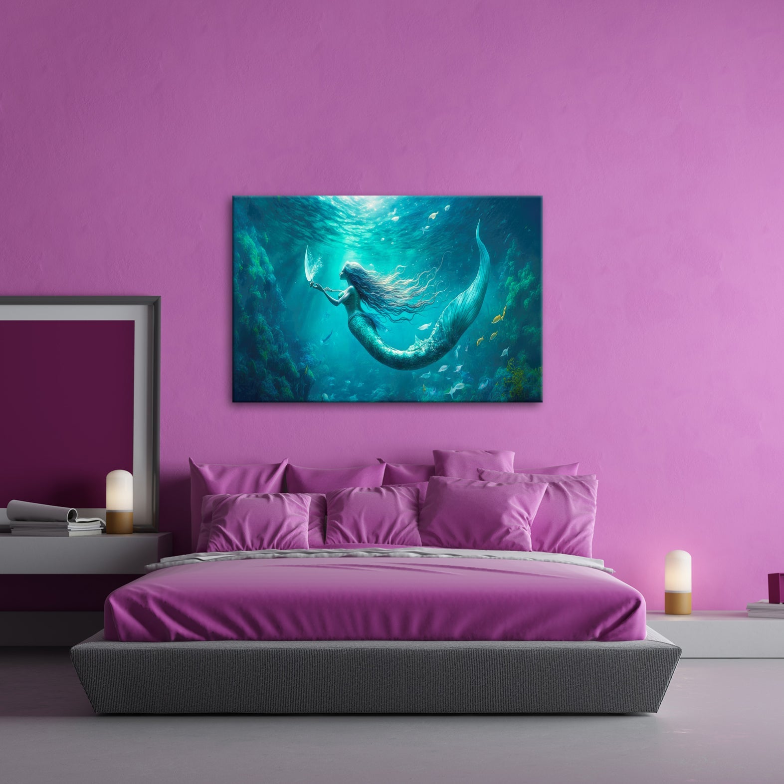 Leinwandbild Meerjungfrau im schimmernden blauen Licht XXL – Fantasy Wandbild - deyoli