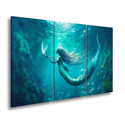 Leinwandbild Meerjungfrau im schimmernden blauen Licht XXL – Fantasy Wandbild - deyoli