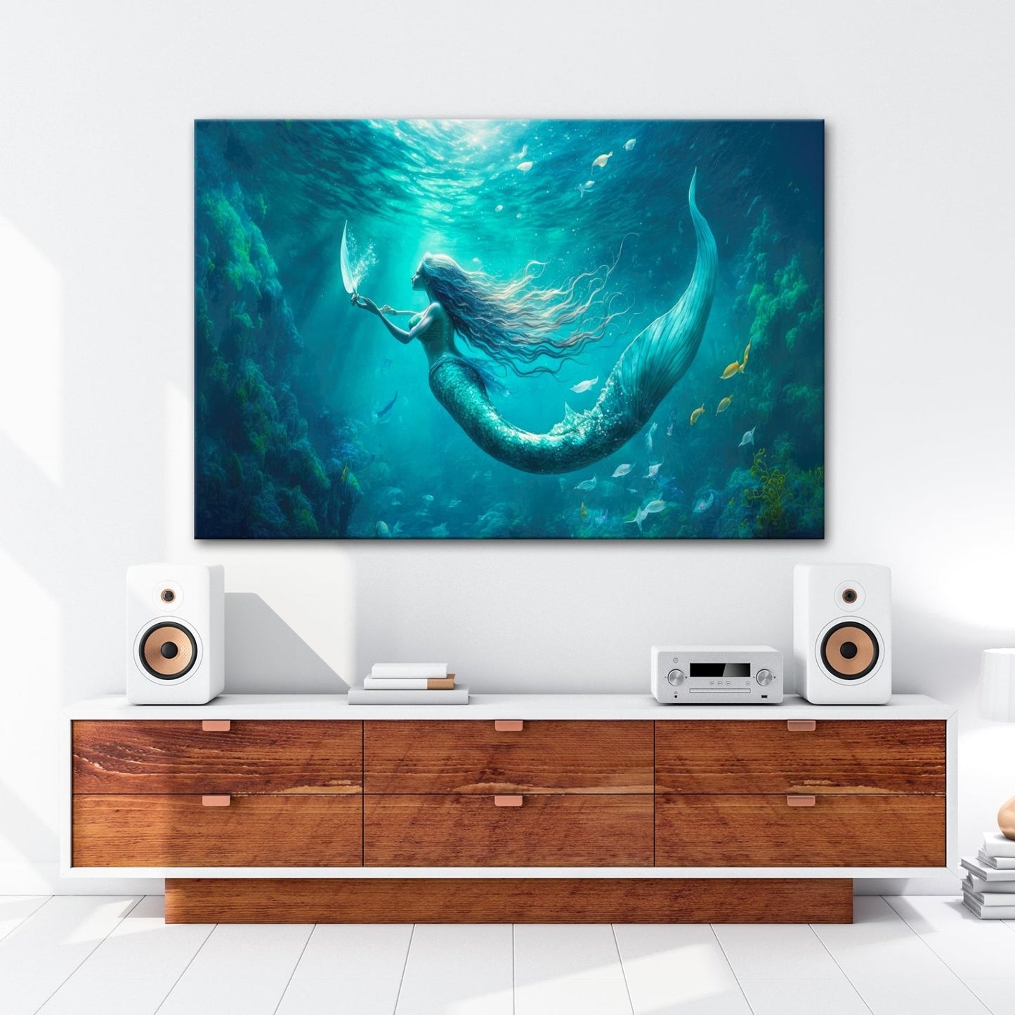 Leinwandbild Meerjungfrau im schimmernden blauen Licht XXL – Fantasy Wandbild - deyoli