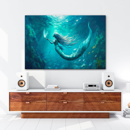 Leinwandbild Meerjungfrau im schimmernden blauen Licht XXL – Fantasy Wandbild - deyoli