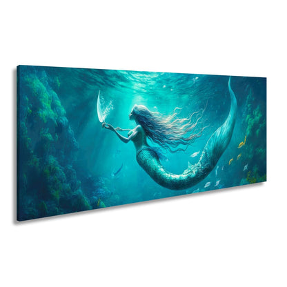 Leinwandbild Meerjungfrau im schimmernden blauen Licht XXL – Fantasy Wandbild - deyoli