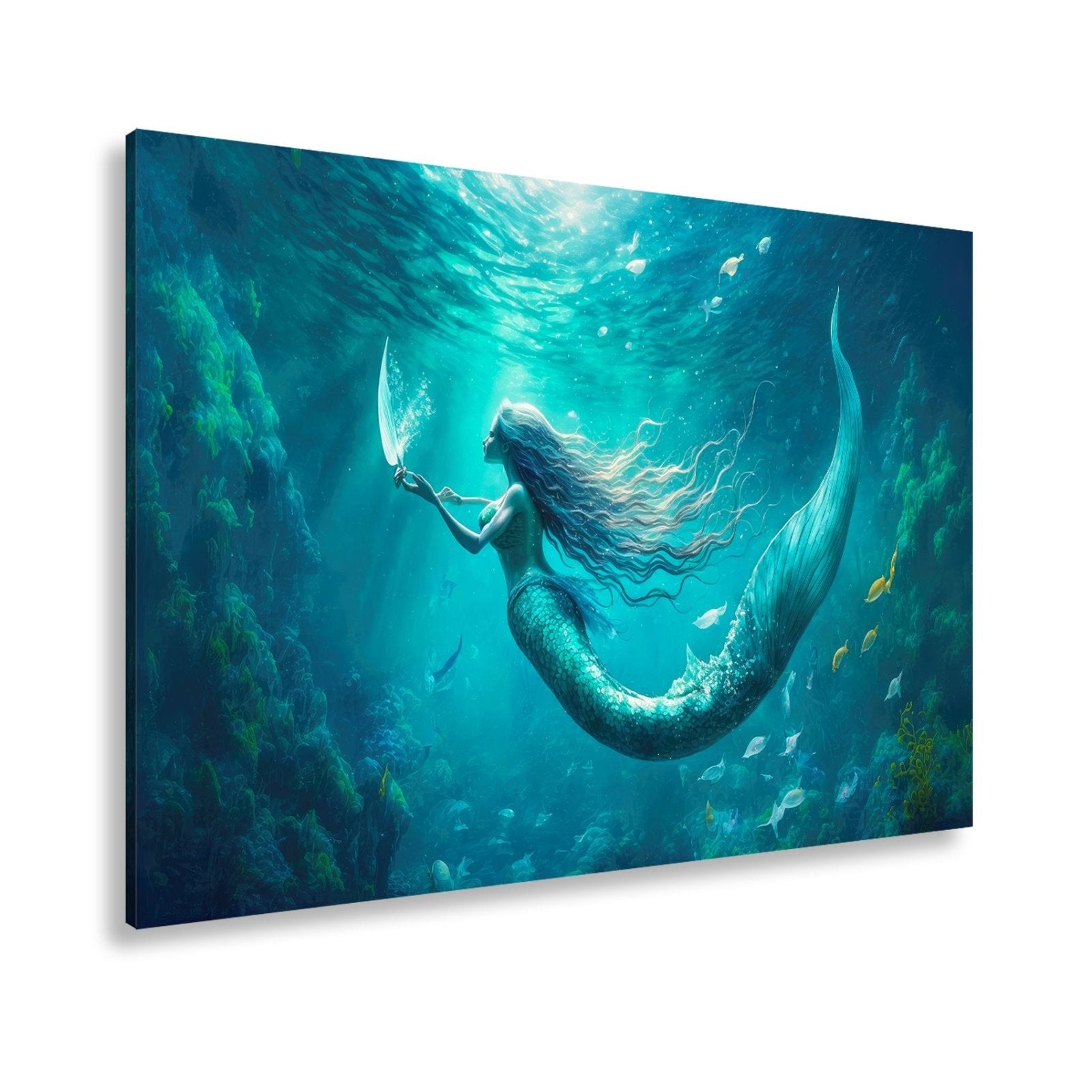 Leinwandbild Meerjungfrau im schimmernden blauen Licht XXL – Fantasy Wandbild - deyoli