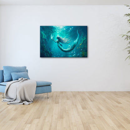 Leinwandbild Meerjungfrau im schimmernden blauen Licht XXL – Fantasy Wandbild - deyoli