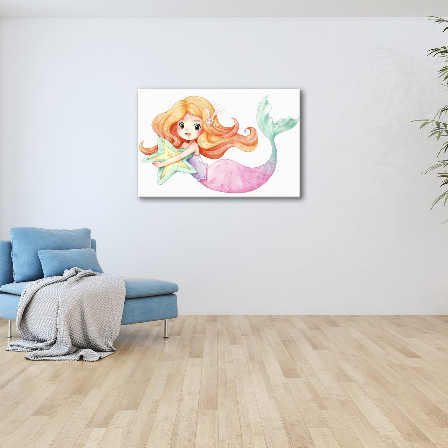 Leinwandbild Meerjungfrau mit Stern in sanften Aquarellfarben - deyoli