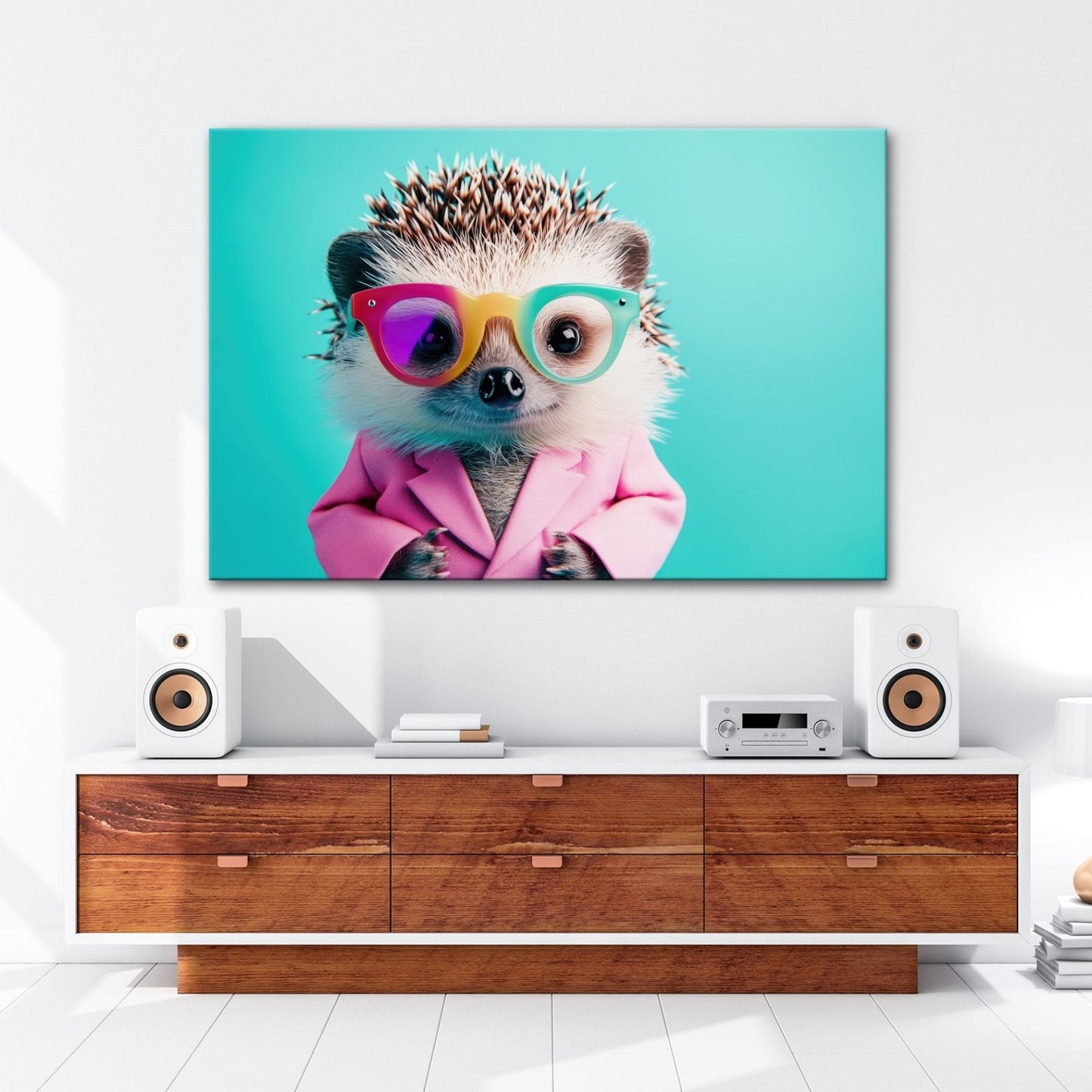 Leinwandbild Mode trifft Stachel – Igel rockt Brille und pinkes Sakko. - deyoli