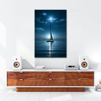 Leinwandbild Mondlichtflüstern – ein Segelboot in stiller Nacht. - deyoli