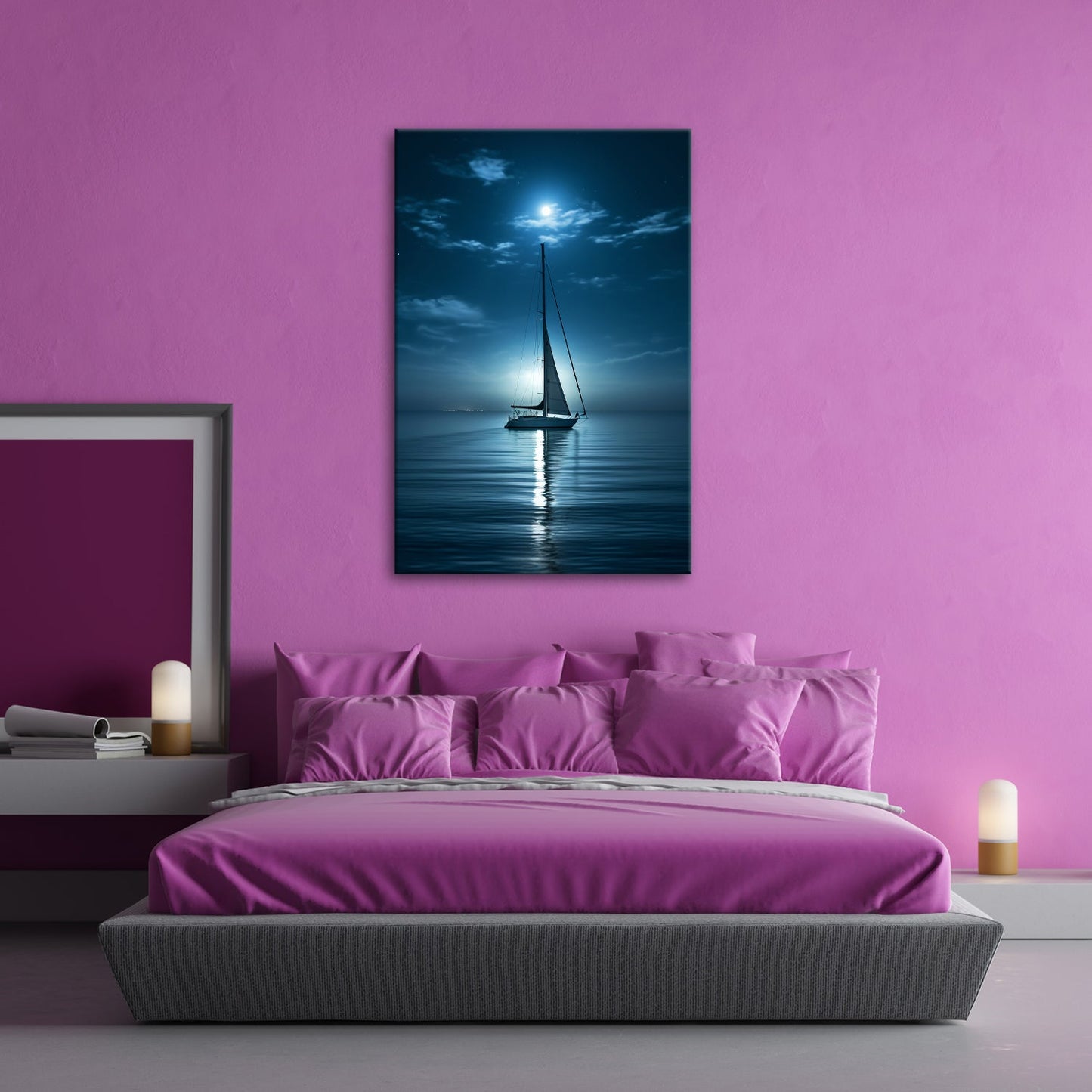 Leinwandbild Mondlichtflüstern – ein Segelboot in stiller Nacht. - deyoli