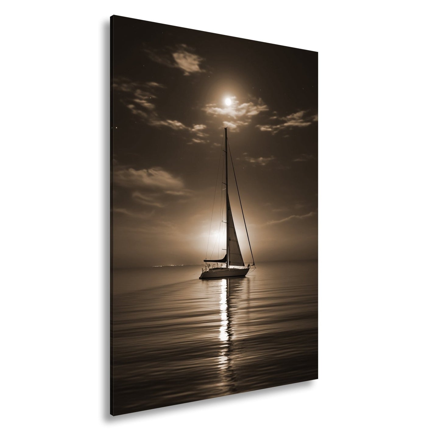 Leinwandbild Mondlichtflüstern – ein Segelboot in stiller Nacht. - deyoli