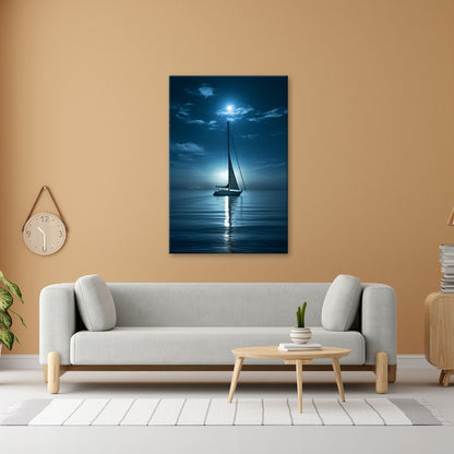 Leinwandbild Mondlichtflüstern – ein Segelboot in stiller Nacht. - deyoli