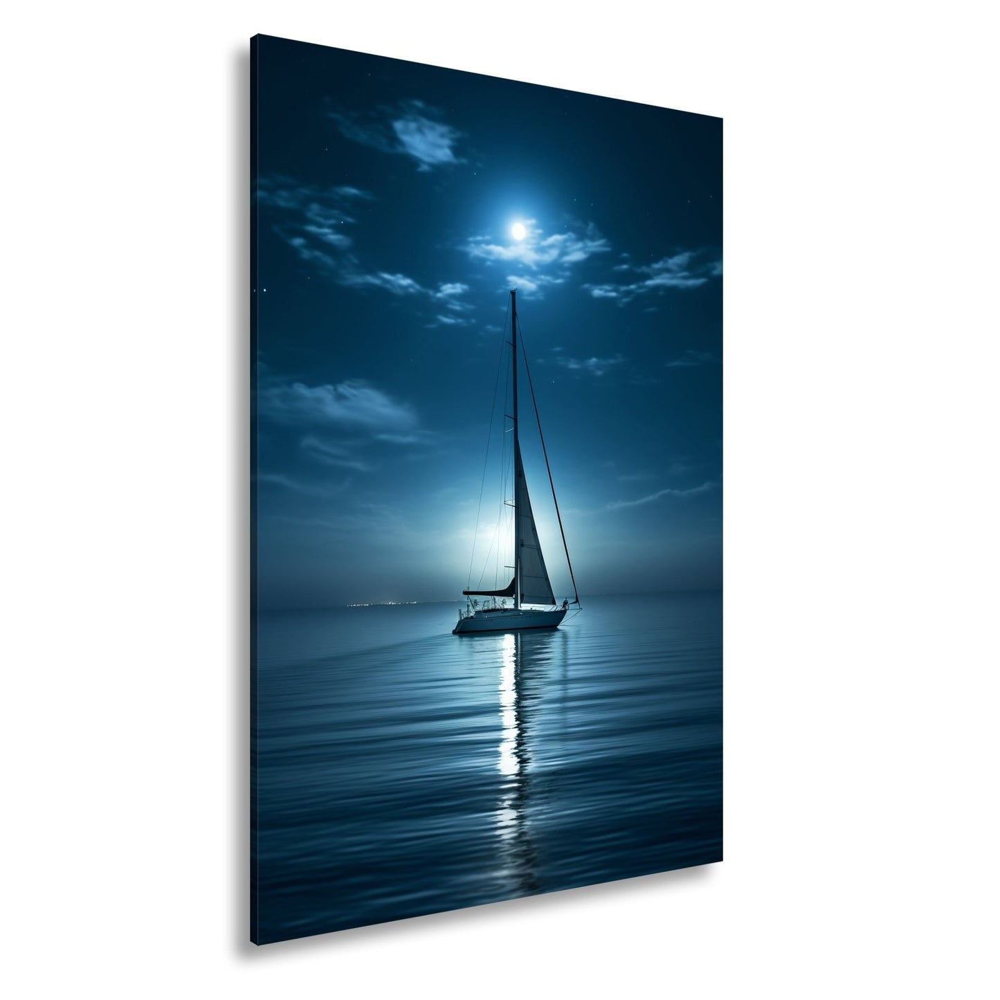 Leinwandbild Mondlichtflüstern – ein Segelboot in stiller Nacht. - deyoli