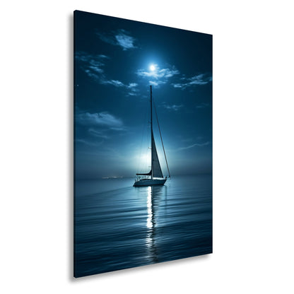 Leinwandbild Mondlichtflüstern – ein Segelboot in stiller Nacht. - deyoli