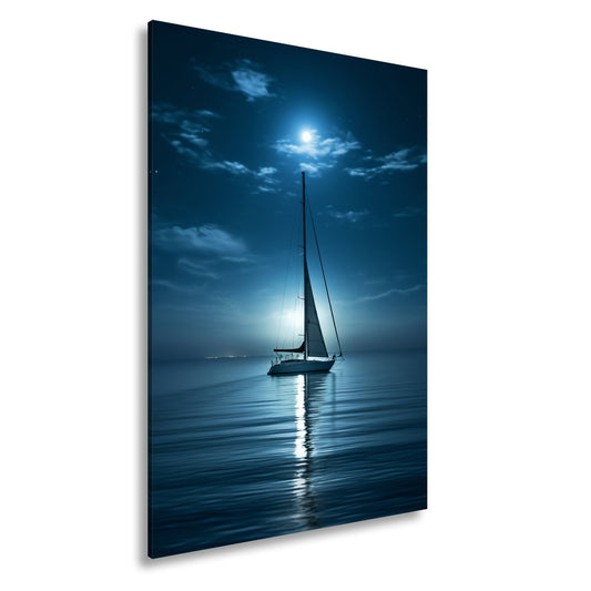 Leinwandbild Mondlichtflüstern – ein Segelboot in stiller Nacht. - deyoli