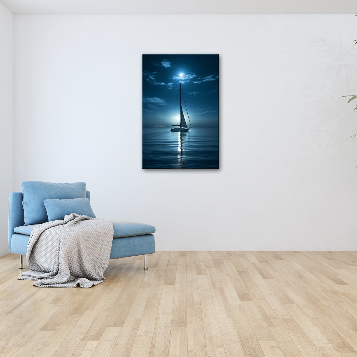 Leinwandbild Mondlichtflüstern – ein Segelboot in stiller Nacht. - deyoli
